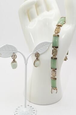 Vintage 925 Jade Panel Bracelet & Jade Drop Earrings Set Asian Motif